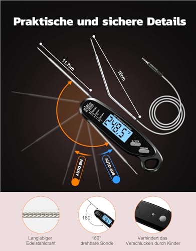 Babacom Fleischthermometer Sofortanzeige mit zwei Sonden & großem Bildschirm, Bratenthermometer mit Alarmeinstellung und Kalibrierung, Grillthermometer für Küche, Ofen, Zucker, Flüssigkeiten, BBQ