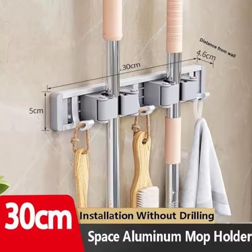 Image of STAR WORK Heavy-Duty Space Aluminum Wall Mop & Broom Holder, Waterproof Organizer with Dual Non-Slip Grips and Utility Hooks, No-Drill Adhesive Mount for Kitchen, Bathroom. (2 MOP HOLDER 3 HOOKS)