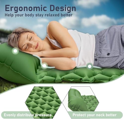 Camping-Sleeping-Pad-with-Compass-Ultralight-Inflatable-Sleeping-Mat-with-Pillow-Built-in-Foot-Pump-Portable-Camping-Air-Mattress-for-Backpacking-Hiking-Traveling-TentGreen