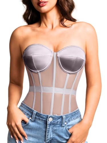 Image of Kaei&Shi Sheer Mesh Overbust Corset,Sexy Strapless Lace Up Satin Bra Corsets Top For Women Shapewear