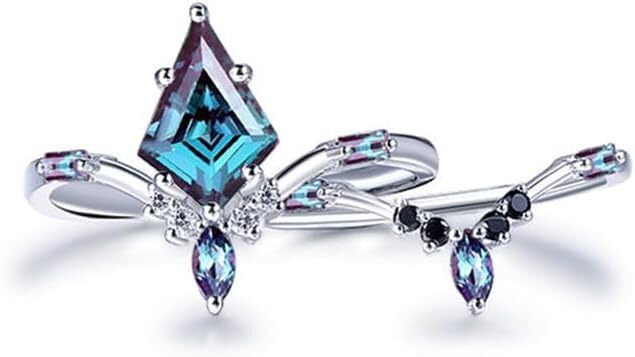 Alexandrite Ring Sets - Sterling Silver & Gold Kite Cut Alexandrite Rings with Moissanite - Engagement Ring Set - Free Engraving2