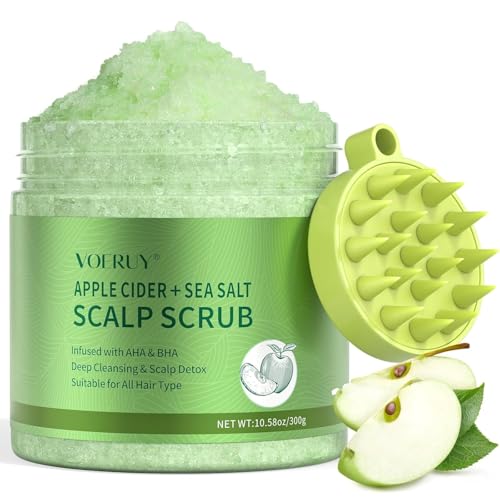Exfoliante para el cuero cabelludo con vinagre de sidra de manzana, exfoliante 2 en 1 AHA y BHA y tratamiento del cuero cabelludo, exfoliante de limpieza desintoxicante, con masajeador de cuero