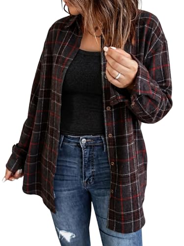 Fisoew Damen Langarm Karierte Blusen Flanell Button Down Jacken...