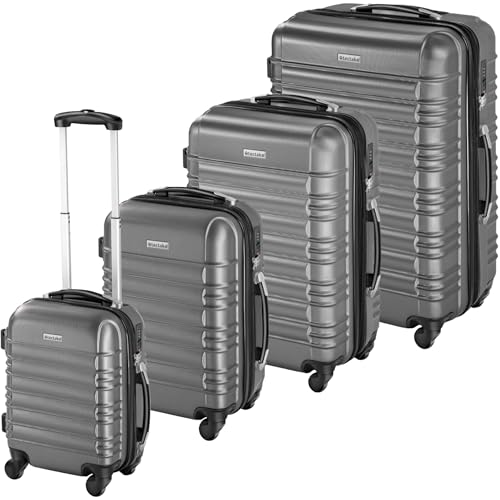 tectake® Juego de 4 Maletas Rígidas de Plástico ABS, Tamaños XL-L-M-S, Set Maletas Viaje con Ruedas de 360º, Cerradura de Combinación TSA, Asa Telescópica de Aluminio, Interior Compartimentado - plata