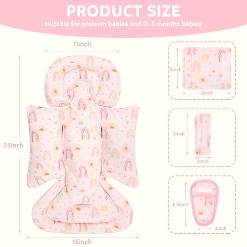 Image of Infant Car Seat Insert and Strap Covers, Very Soft Car Seat Head Support Baby Girl Boy, Reversible Newborn Carseat Insert Cushion Fits for Stroller, Baby Swing, Bouncer (Pink Rainbow)