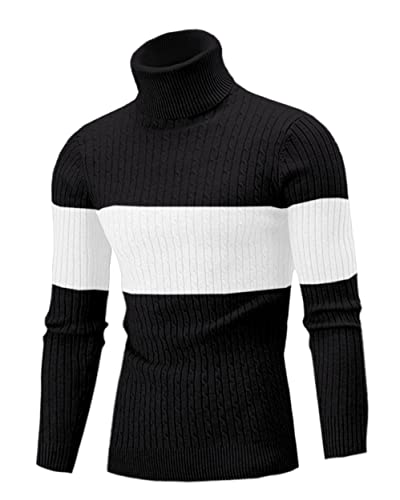 QZH.DUAO Men's Turtleneck Color Block Slim Fit Cable Twisted Knitted Soft Pullover Sweater, Black White, X-Large