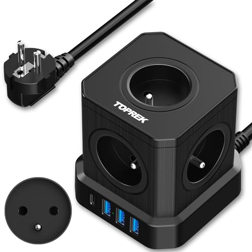 Multiprise USB Cube, TOPREK Cube Rallonge Multiprise 2M avec 5 Prises AC Française, 1 USB C(20W PD3.0) et 3 USB A, 1 Interrupteur, 4000W/16A, France Voyage...