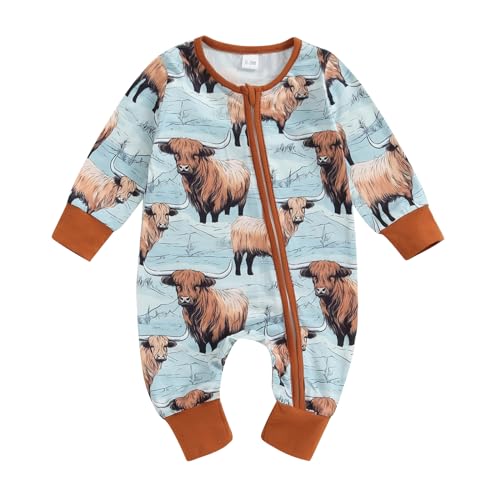 Image of Doisbetthsay Baby Romper Newborn Clothes Long Sleeve Western Cow Print Zipper Jumpsuit Fall Winter Toddler Infant Bodysuit (A Blue, 0-3 Months)