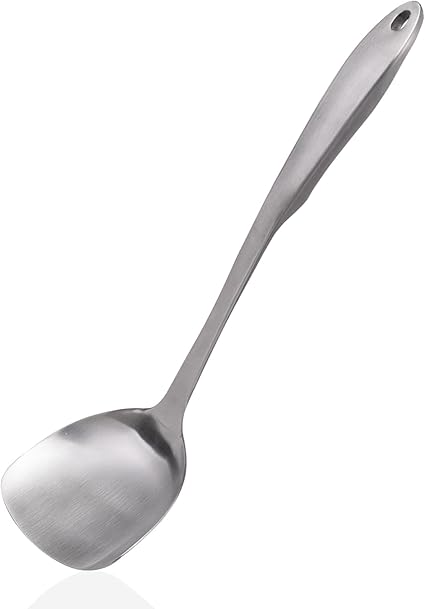 Wok Spatula 304 Stainless Steel Solid Turner for Cooking, All Metal Chinese Wok Spatula with Heat Resistant Handle, Kitchen Utensils Spatula Turner Shovel for Carbon Steel Pan, 13.7Inch/Silver