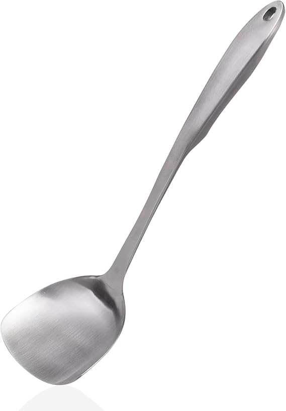 Wok Spatula 304 Stainless Steel Solid Turner for Cooking, All Metal Chinese Wok Spatula with Heat Resistant Handle, Kitchen Utensils Spatula Turner Shovel for Carbon Steel Pan, 13.7Inch/Silver