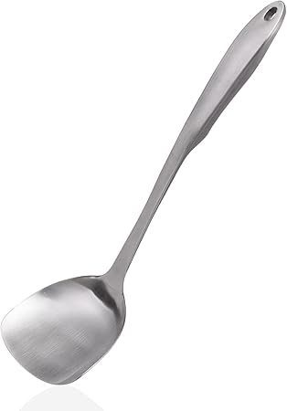 Wok Spatula 304 Stainless Steel Solid Turner for Cooking, All Metal Chinese Wok Spatula with Heat Resistant Handle, Kitchen Utensils Spatula Turner Shovel for Carbon Steel Pan, 13.7Inch/Silver