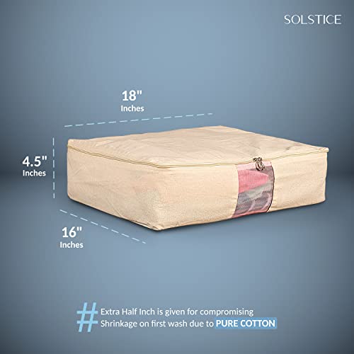 SOLSTICE Cotton Clothes Storage Box/Covers/Bags With Zip (18 X 16 X 4.5 Inch) As Wardrobe Organizer For Huge Silk Saree/Big Lehenga/Dresses/Shirts/Trousers/Gown/Quilts - Pack Of (5), Beige