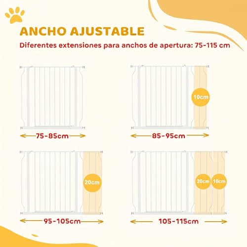 Miniatura 4 de Pawhut Barrera De Seguridad Para Perros Extensible 75-115 Cm Para Puertas Y Escaleras Puerta De Seguridad Para Mascotas Con Extensiones Montaje A Presión Y Doble Bloqueo Blanco