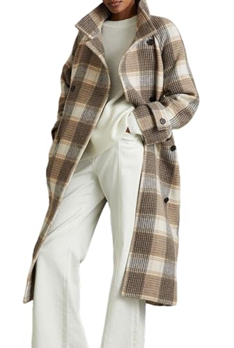 CHARTOU Women Long Wool Plaid Pea Coat Double Breast Midi Long Trench Peacoat Overcoat with Belt