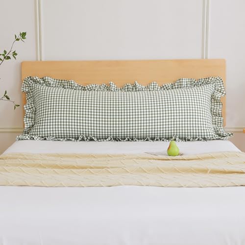 20x54 inches Ruffles Sage Green/White Plaid Body Pillow Cover with Zipper, 1 Pcs Rustic Washed Cotton Farmhouse Checkered Gingham Long Pillow Cases for Bed/Sofa