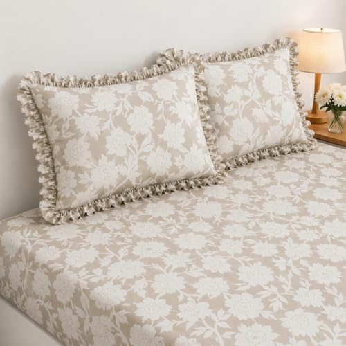 Image of 380 TC Premium Glace Cotton Elastic Fitted Bedsheet King Size with 2 Pillow Covers King Size | Double Bed with All Around Elastic (Gray Floral, Fitted - Double72x72)