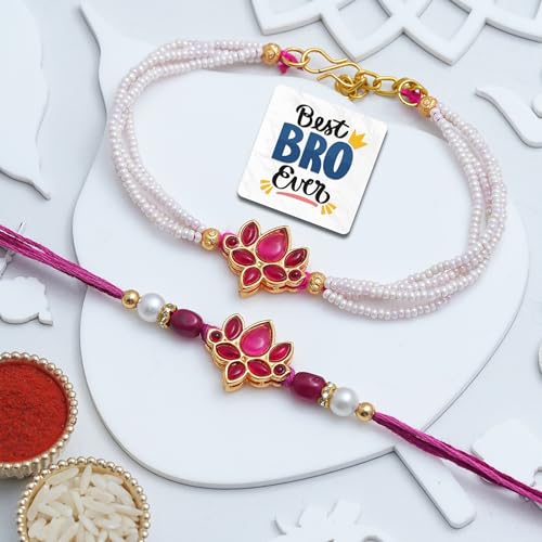 Image of eCraftIndia Kundan Pearl Designer Bhaiya Bhabhi Rakhis with Best Bro Ever Fridge Magnet | Set of 2 Rakhi for Brother and Bhabhi | Lumba Rakhi | Roli Chawal Pack