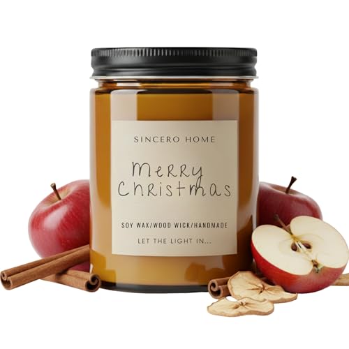 Bougie de soja artisanale avec mèche en bois - Bougie écologique fabriquée à la main dans un pot d'ambre - Bougie parfumée de Noël - Cadeau de Noël premium (pomme et cannelle)