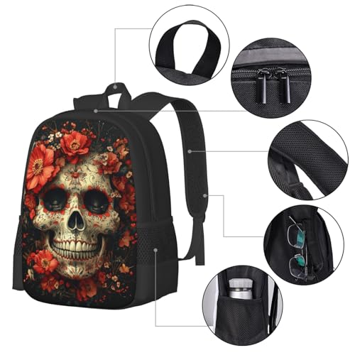 Image of Floral Skull Print Backpack For Men Women Lightweight Daypack For Daily Commutes Business Travel Hiking