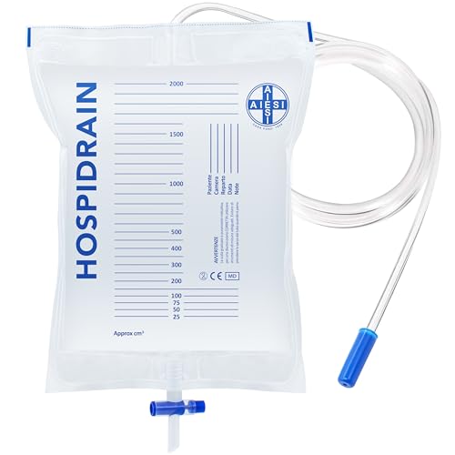 AIESI® Bolsas de orina de 2 litros tubo 120 cm con grifo de descarga cruzado (T) y válvula antirreflujo HOSPIDRAIN (Paquete de 25 piezas)