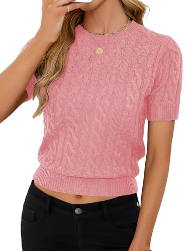 Image of Libsorge Womens Cropped Short Sleeve Sweater Fall 2025 Crewneck Sheer Knit Tops - Lightweight, Thin, Crop, Slim Fit