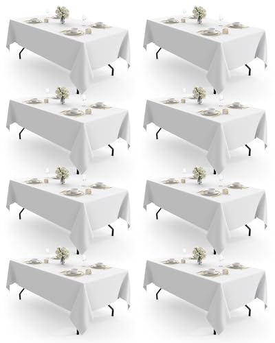Pureegg Rectangle Table Cloth 60" x 102" – 8 Packs, Durable Polyester Tablecloth Offers Reusable & Washable Protection, Ideal for Outdoor Party, Picnic, Wedding, Banquet and Birthday, White