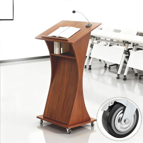 Image of Portable Mobile Wooden Podium Stand with Lockable Wheels, Lightweight 42.5 inch Rolling Lectern for Churches, Ideal for Presentations, Events, and Public Speaking