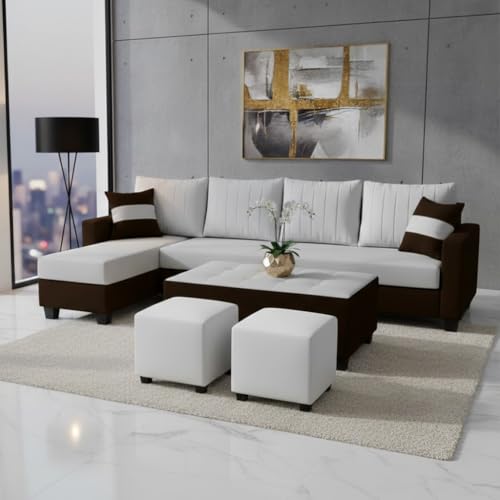 Image of FURNY Avenue 8 Seater Fabric LHS L Shape Sofa Set with 1 Centre Table & 2 Puffy (Light Grey-Dark Brown) Premium Velvet Finish