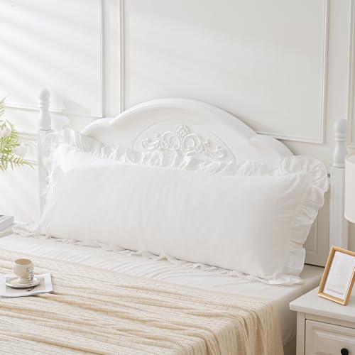 Off White Ruffled Body Pillow Cover 1 Piece Washed Cotton Farmhouse Shabby Long Body Pillow Sham 20"x54" White