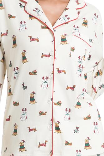 Image of LUBOT Christmas Pajamas for Women 100% Cotton Pajama 2 Piece PJ Set Soft Long Sleeve Button Xmas Print Loungewear XS-XXL