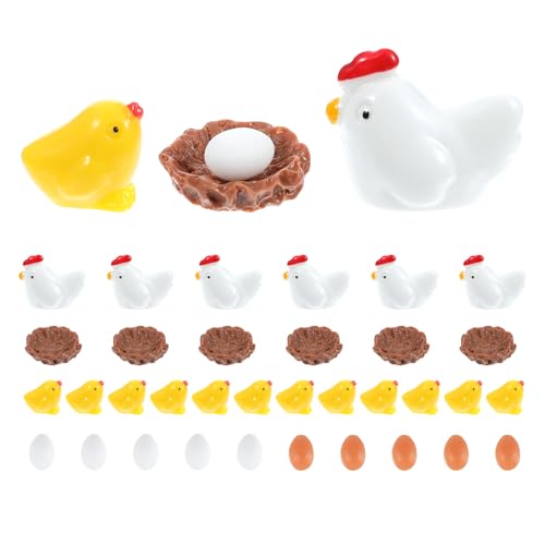 KFHENSOMR Lot de 34 mini figurines d'animaux avec poule miniature pour Pâques, poule, poussins, oeuf, résine, oeufs de pâques, décoration de Pâques