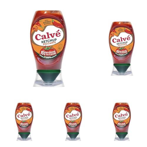 Calvé Ketchup Piccante, Formato 250 ml, Ketchup Piccante, 100% Ingredienti di Origine Naturale, Ideale per Burger e Grigliate di Carne, Vegano, Bottiglia 100% Riciclabile (Confezione da 5)
