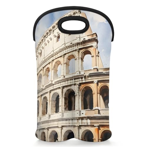GzLeyigou 2 Bottles Rome Colosseum Wine Bag Sleeve Totes Neoprene Protective Wine Carrier Bag for Wine,Water, Champagne, Beer, Baby Bottles,Gift 14.5 x 10 Inches