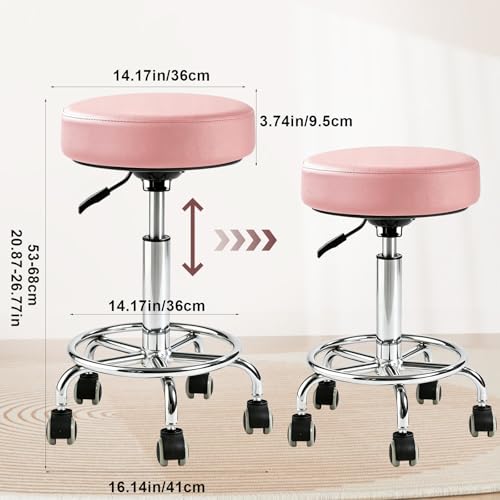 Image of Rolling Stool with Wheels - 500lbs,Thick 9.5cm Cushion, Height Adjustable | PU leather|Swivel silent rubber casters|Foot pedal ring|space-saving|For Drafting salon tattoo clinic garage home office