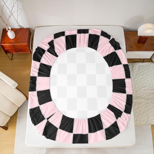 Image of Erosebridal Plaid Bed Sheets Queen Pink Black Checkerboard Sheet Set Geometric Checkered Bedding Set for Kids Boys Girls,Aesthetic Grids Fitted Flat Sheets 4 Piece