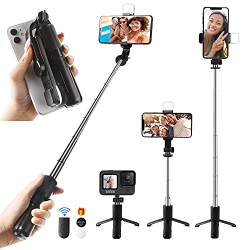 Mini Selfie Stick Tripod, Extendable 3 in 1 Selfie Stick Tripod with Remote, â€‹Phone Tripod with 3 Light Modes, 6 Brightness Levels, Selfie Stick for iPhone 12/11/11 Pro/XS/XR/X/8/7/6/5 Smartphones