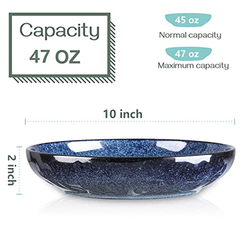 Vicrays Large Salad Pasta Serving Bowls Ceramic Wide Shallow Bowls Set 47 Ounces Big Dinner Plates Bowls Porcelain 10 Inch Low Flat Design Blue Soup Bowl Microwave Dishwasher Safe #TOP4