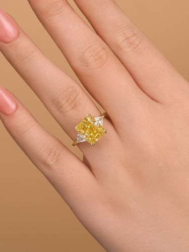 4.0/5.0CT Yellow,Ruby, Blue Simulated Diamond Engagement Ring,3-Stone Radiant Cut Ring,18K Yellow Gold Plated 925 Sterling Silver Promise Ring3