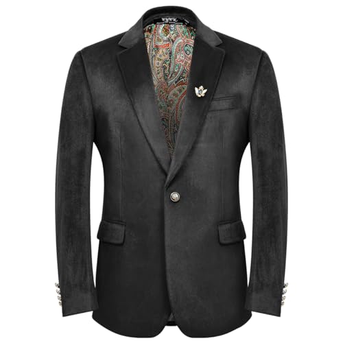 Men's Casual Velvet Blazer for Men one-Button Lapel Tuxedo Jacket with Brooch Dinner Party Wedding Prom