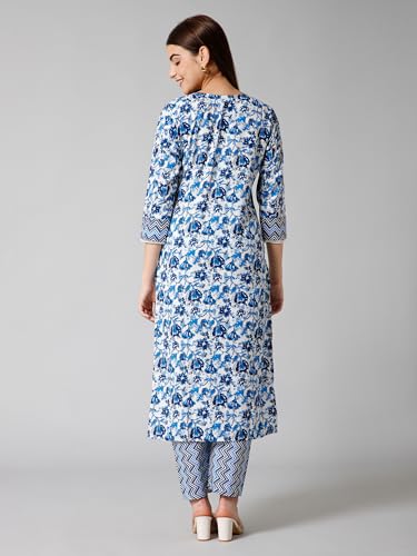Image of Eight Colors Cotton Kurta Set with Pant for Women | Women Kurta Sets Kurtis | Women Kurta Pant Set | Women Kurta Pant Set Women Kurti Set with Pant (Neel)