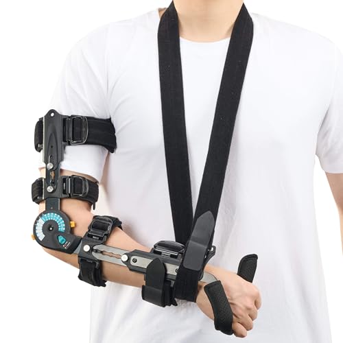 Jewlri Hinged ROM Elbow Brace with Hand Grip, Post OP Elbow Brace with Sling Stabilizer, Arm Injury Recovery Splint Support for Post-Op, Surgery Recovery, Fracture Rehabilitation, Right