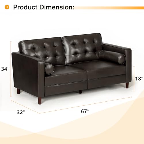 Image of 67 inch Premium Faux Leather 2-Seater Sofa with 2 Bolster Pillows and Tufted Backrest, Mid-Century Modern Loveseat Sofa, Luxury Couch for Living Room, Bedroom, Office, Dark Brown