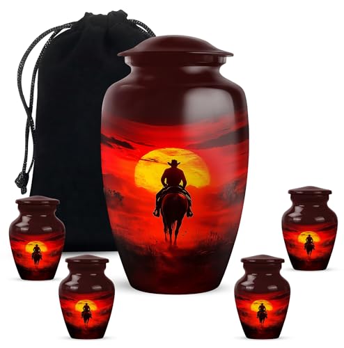 Image of Cowboy Cremation Urn - Large & Small Urns for Human Ashes Adult Male - Funeral Urns for Adult Ashes Women - Urn for Ashes for Women (Combo - 10 inch & 3 inch, 5 Pcs)