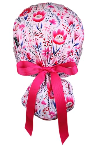 Image of Scrub Cap for Women and Men, Ponytail Scrub Caps, Working Hat, Head Cover with Ribbon Ties and Buttons, Long Hair