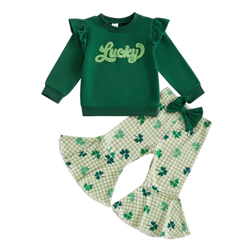 DNOMAID YZARC Toddler Baby Girl St Patricks Day Outfit Letter Clover Long Sleeve Sweatshirt Bell Bottom Pants Irish Clothes (Green 3, 3-4T)