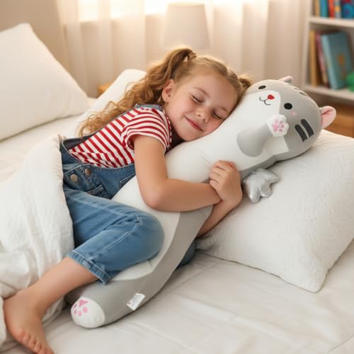 Image of Long Cat Plush Pillow, Cute Cat Stuffed Animal Body Pillow with Wings, Soft Kawaii Kitty Hugging Pillow, Christmas Valentine's Birthday Gift for Kids Girls Boys (Gray, 90cm /35.43in)