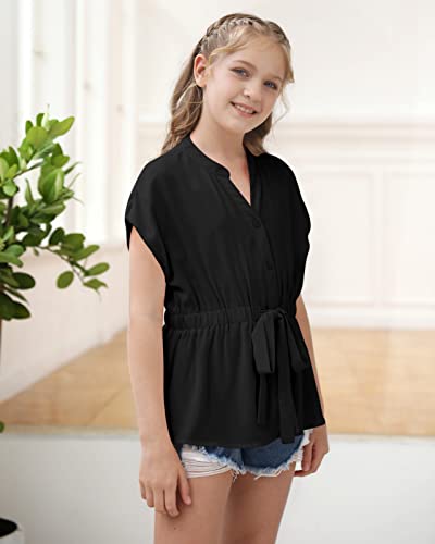 Girls Button Down Short Sleeve T Shirts Stand Collar V Neck Cute Peplum Summer Tops Tie Waist Tee Blouses 4-13 Years Black #TOP3