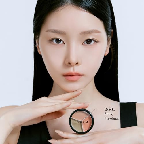 Image of THESAEM Cover Perfection Triple Pot Concealer 2-Pack Set - 03 Correct Up Beige & 04 Tone Up Beige - 6-Color Multi Concealer Palette Kit - Korean Makeup with Sweet Almond Oil for Light Skin Tones