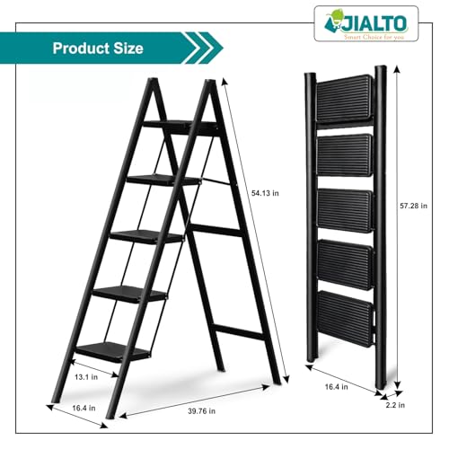 Image of JIALTO 5 Step Metal Ladder for Home, Foldable Lightweight Stepping Stool with Wide Pedals, Anti Slip Heavy Duty 200 Kg Capacity, Portable Ladder for Kitchen, Office, Library (Matte Black)