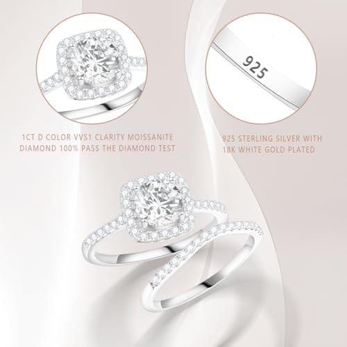 Solitaire Moissanite Engagement Ring Set for Women,1.0CT Round D Color VVS1 Clarity Halo 925 Sterling Silver Promise Ring Wedding Band Moissanite Ring Set2